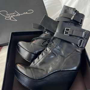 Report signature 5” wedge black vegan leather boots.
